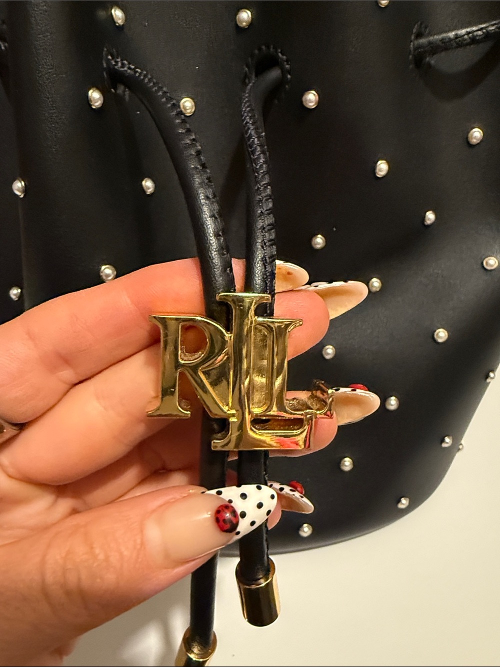 Ralph Lauren Black Pearl-Stud Drawstring Bucket Bag - Picture 5 of 10